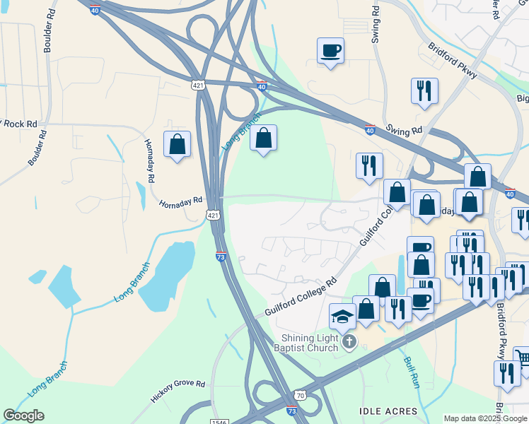 map of restaurants, bars, coffee shops, grocery stores, and more near 5617 Hornaday Road in Greensboro