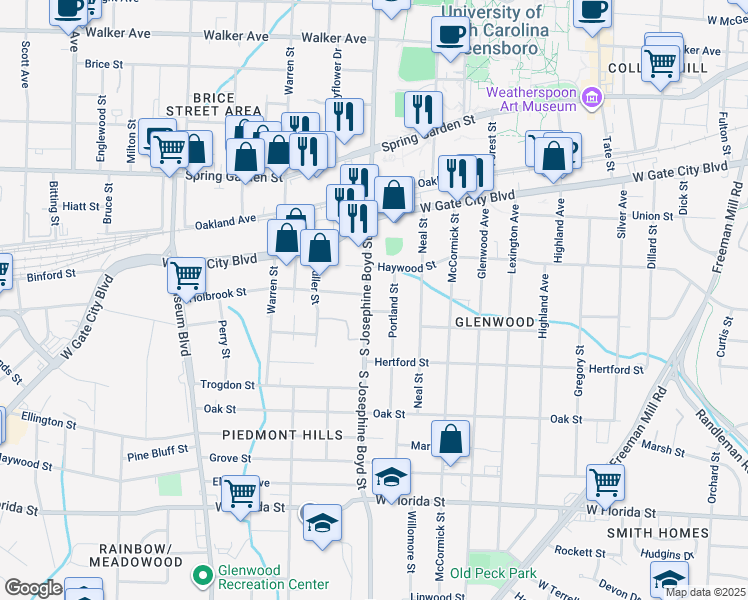map of restaurants, bars, coffee shops, grocery stores, and more near 1003 South Josephine Boyd Street in Greensboro
