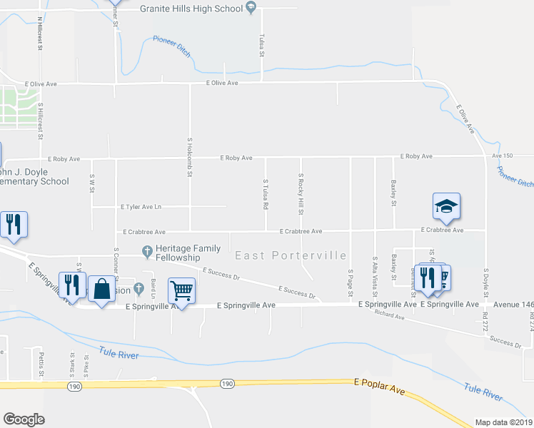 map of restaurants, bars, coffee shops, grocery stores, and more near 354 South Tulsa Road in Porterville