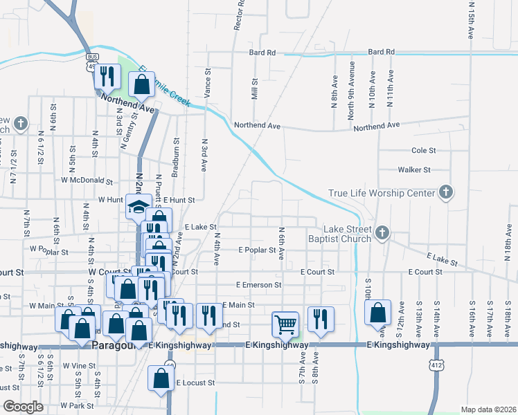 map of restaurants, bars, coffee shops, grocery stores, and more near 401 North 5th Avenue in Paragould
