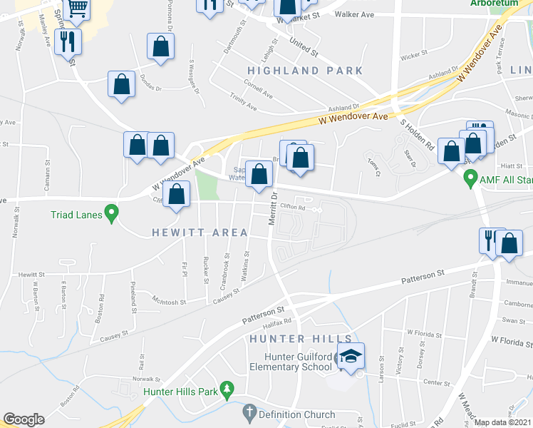 map of restaurants, bars, coffee shops, grocery stores, and more near 810 Merritt Drive in Greensboro