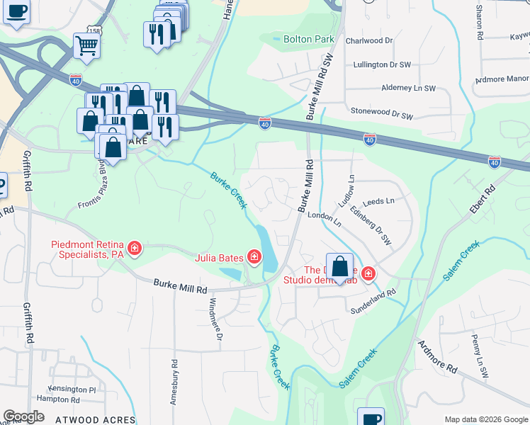 map of restaurants, bars, coffee shops, grocery stores, and more near 2233 King George Court in Winston-Salem