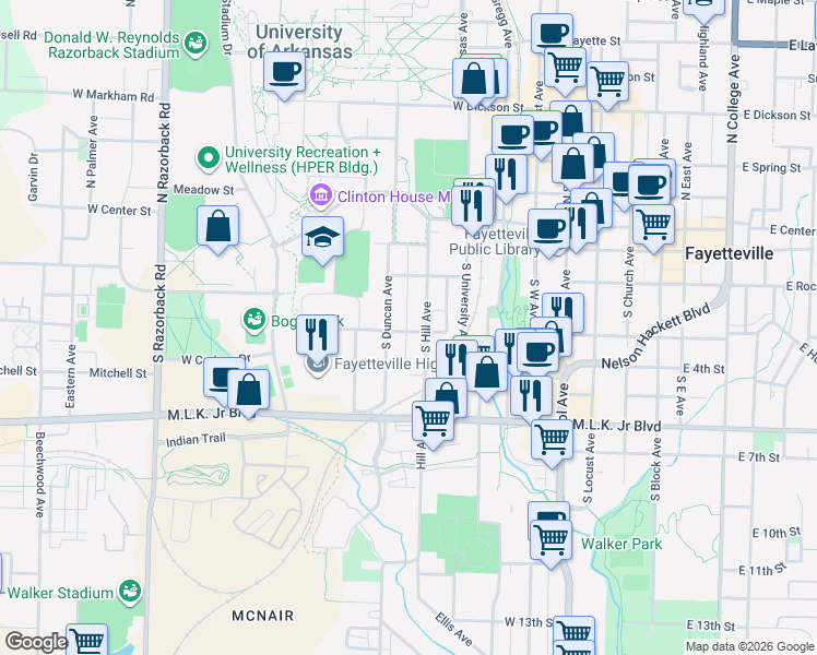 map of restaurants, bars, coffee shops, grocery stores, and more near 131 South Hill Avenue in Fayetteville