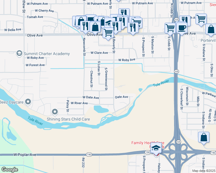 map of restaurants, bars, coffee shops, grocery stores, and more near 340 South Greenwood Street in Porterville