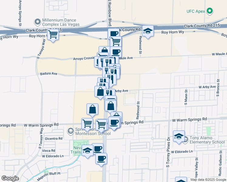 map of restaurants, bars, coffee shops, grocery stores, and more near 6755 West Arby Avenue in Las Vegas