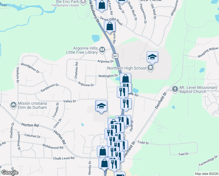 map of restaurants, bars, coffee shops, grocery stores, and more near 106 Barenwood Circle in Durham