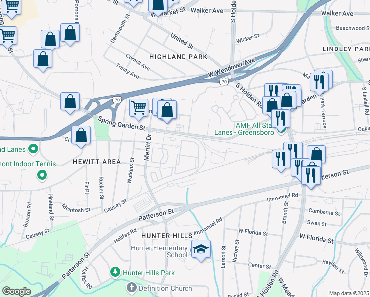 map of restaurants, bars, coffee shops, grocery stores, and more near in Greensboro