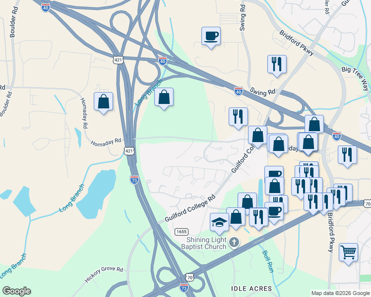 map of restaurants, bars, coffee shops, grocery stores, and more near 5611 Hornaday Road in Greensboro
