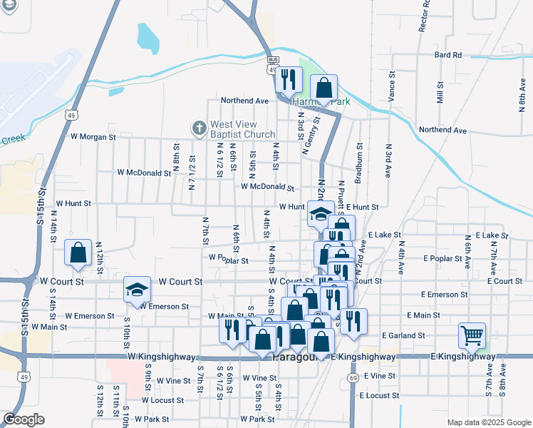 map of restaurants, bars, coffee shops, grocery stores, and more near 405 West Hunt Street in Paragould
