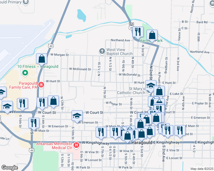 map of restaurants, bars, coffee shops, grocery stores, and more near 500 North 6 1/2 Street in Paragould