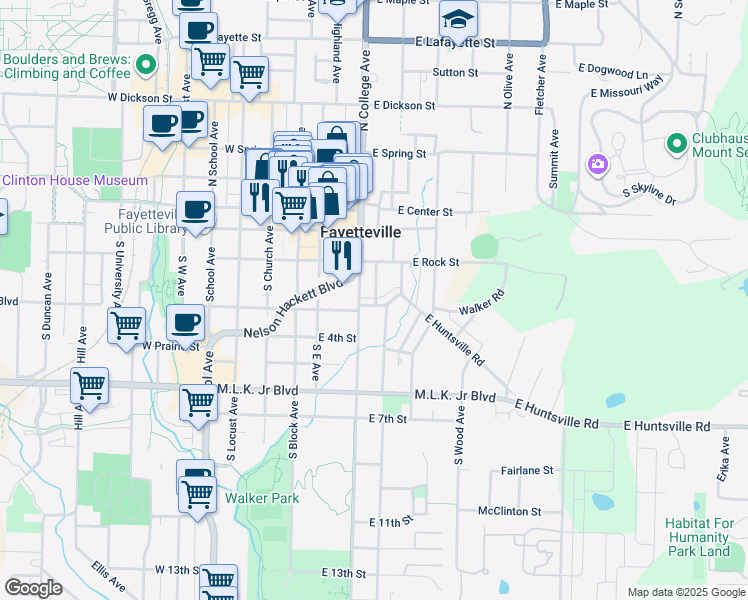 map of restaurants, bars, coffee shops, grocery stores, and more near 210 Nelson Hackett Boulevard in Fayetteville