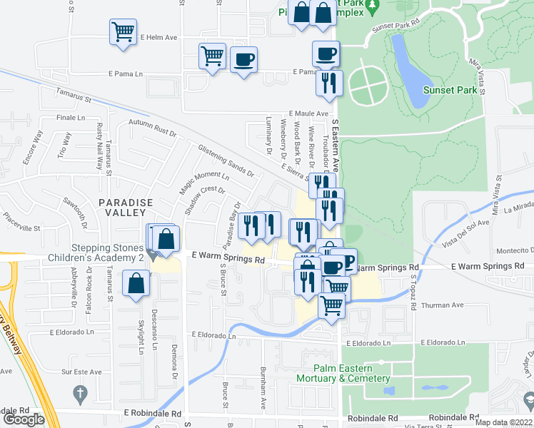 map of restaurants, bars, coffee shops, grocery stores, and more near 2180 East Warm Springs Road in Las Vegas
