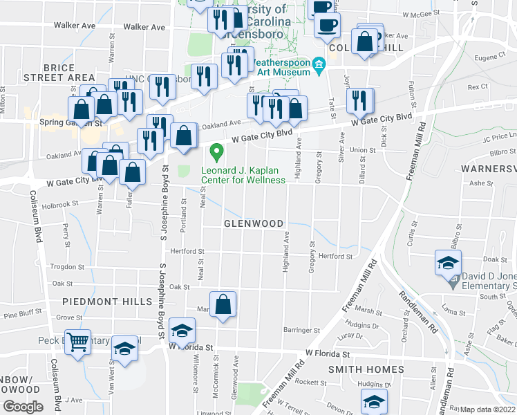 map of restaurants, bars, coffee shops, grocery stores, and more near 920 Lexington Avenue in Greensboro