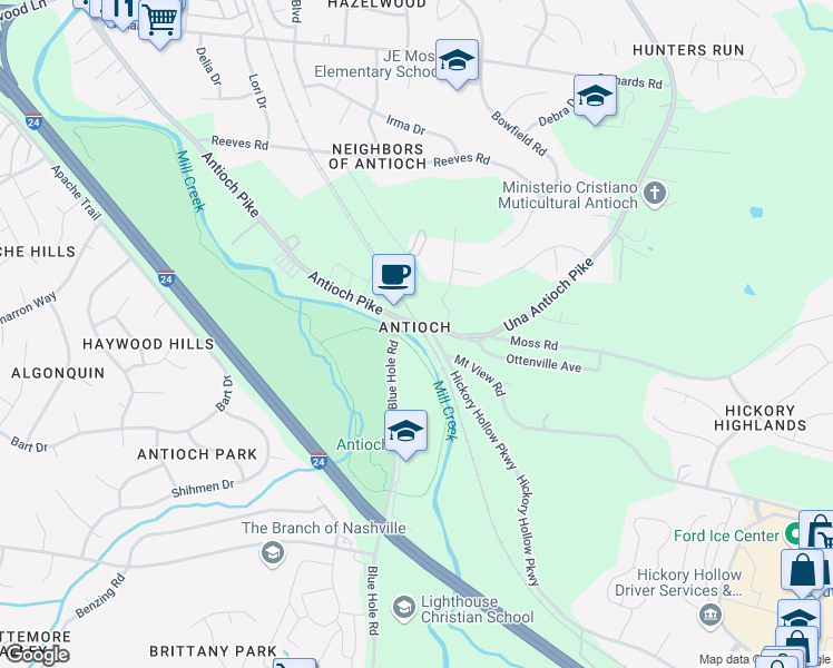 map of restaurants, bars, coffee shops, grocery stores, and more near 2501 Antioch Pike in Nashville