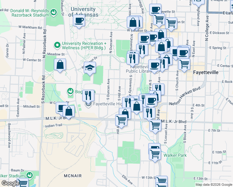 map of restaurants, bars, coffee shops, grocery stores, and more near 131 South Hill Avenue in Fayetteville