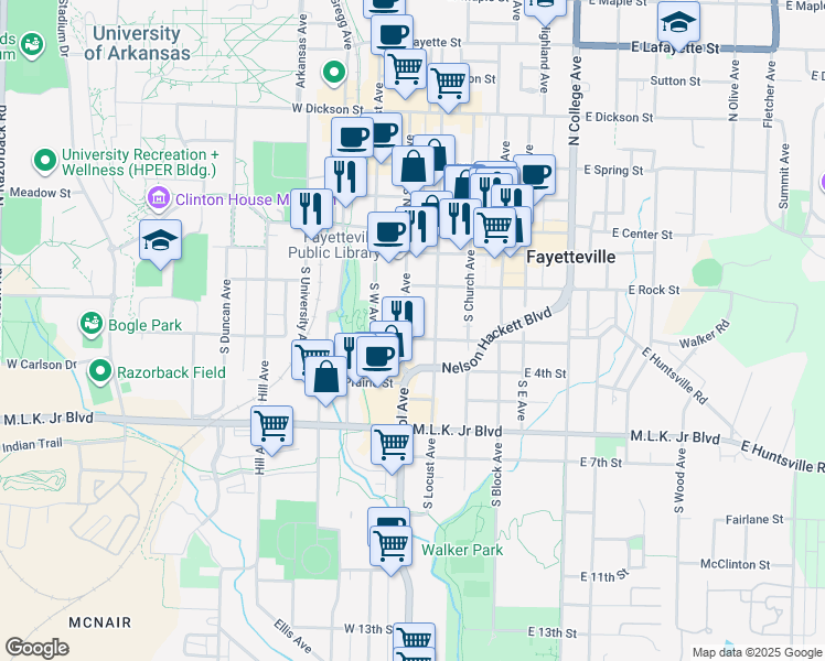 map of restaurants, bars, coffee shops, grocery stores, and more near in Fayetteville