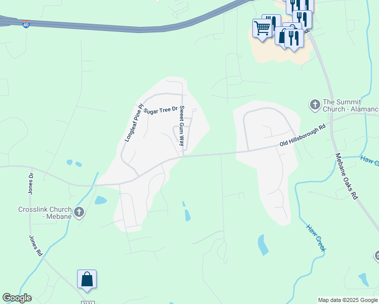 map of restaurants, bars, coffee shops, grocery stores, and more near 1421 Yellow Wood Drive in Mebane