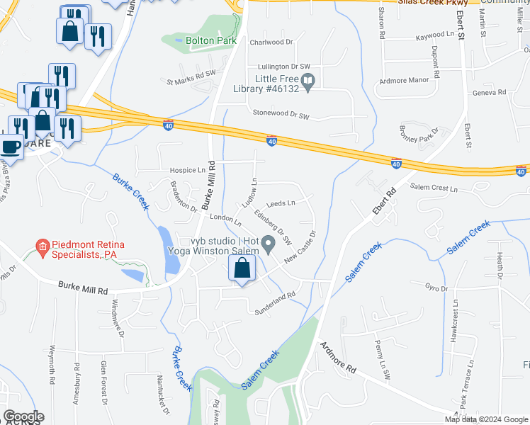 map of restaurants, bars, coffee shops, grocery stores, and more near 2159 Leeds Lane in Winston-Salem