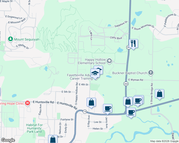 map of restaurants, bars, coffee shops, grocery stores, and more near 249 South Ray Avenue in Fayetteville