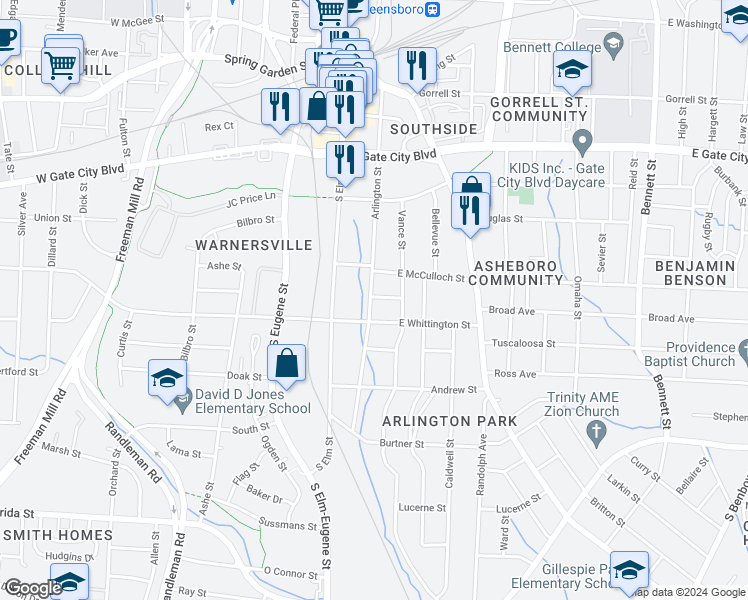 map of restaurants, bars, coffee shops, grocery stores, and more near 901 Arlington Street in Greensboro