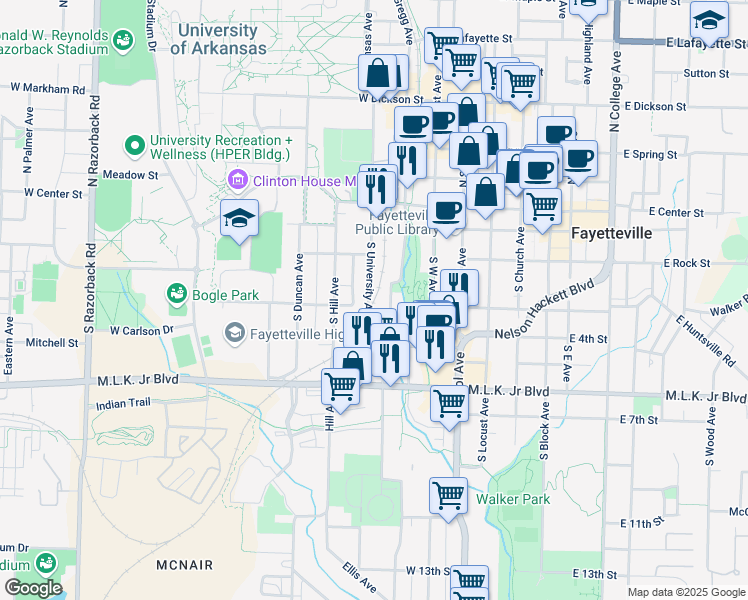 map of restaurants, bars, coffee shops, grocery stores, and more near 358 South University Avenue in Fayetteville