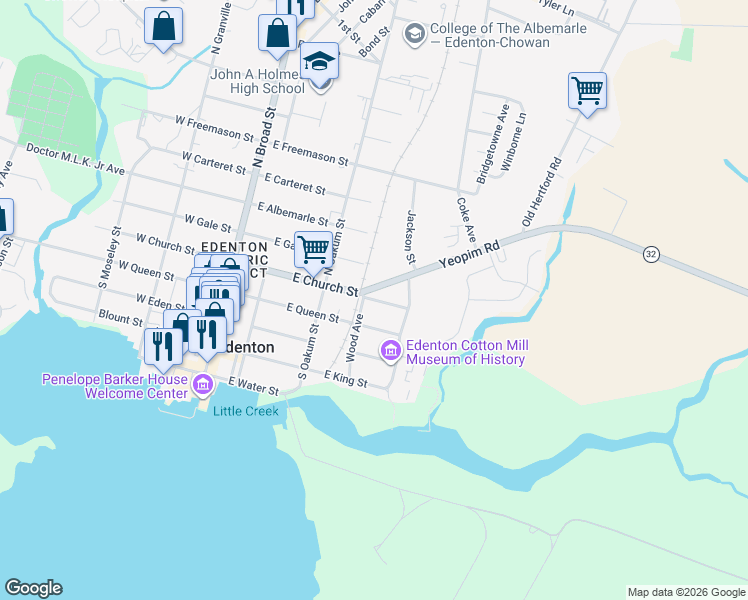 map of restaurants, bars, coffee shops, grocery stores, and more near 407 Phillips Street in Edenton