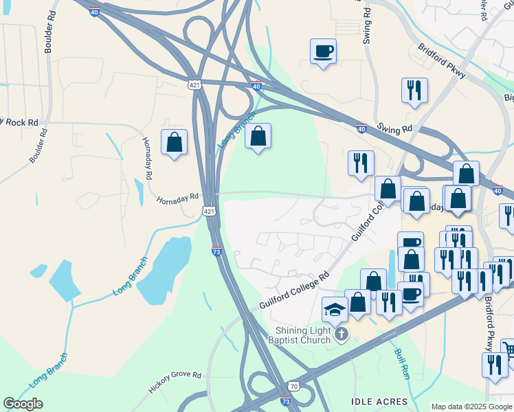 map of restaurants, bars, coffee shops, grocery stores, and more near 5617 Hornaday Road in Greensboro