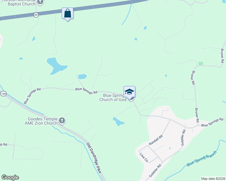 map of restaurants, bars, coffee shops, grocery stores, and more near 3220 Blue Springs Road in Strawberry Plains