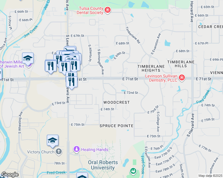 map of restaurants, bars, coffee shops, grocery stores, and more near 2616 East 71st Place in Tulsa