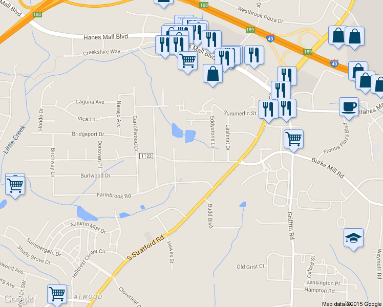 map of restaurants, bars, coffee shops, grocery stores, and more near 2441 Atwood Road in Winston Salem
