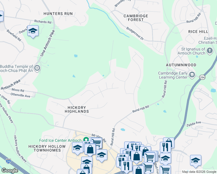 map of restaurants, bars, coffee shops, grocery stores, and more near 5208 Rockridge Court in Nashville