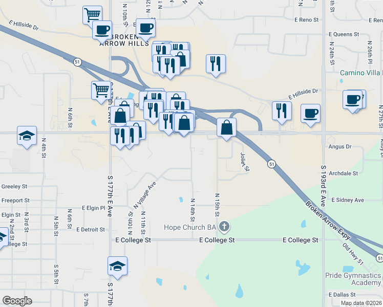 map of restaurants, bars, coffee shops, grocery stores, and more near 711 North 14th Street in Broken Arrow