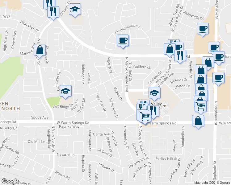 map of restaurants, bars, coffee shops, grocery stores, and more near 437 Mayan Drive in Henderson