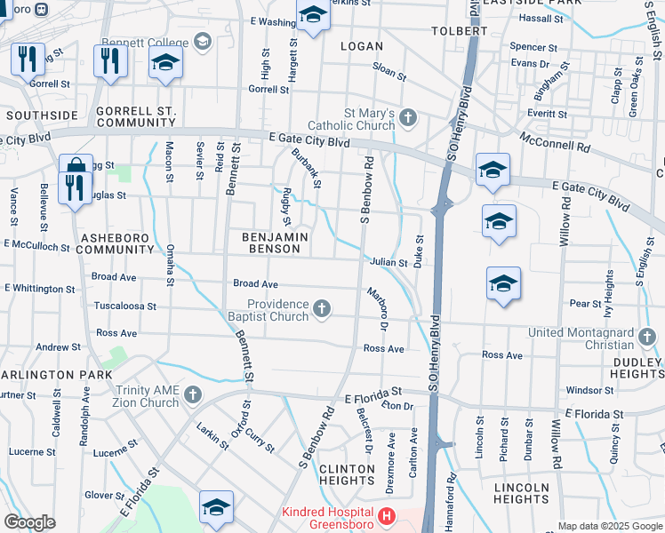 map of restaurants, bars, coffee shops, grocery stores, and more near 1110 Julian Street in Greensboro