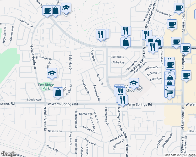 map of restaurants, bars, coffee shops, grocery stores, and more near 437 Mayan Drive in Henderson