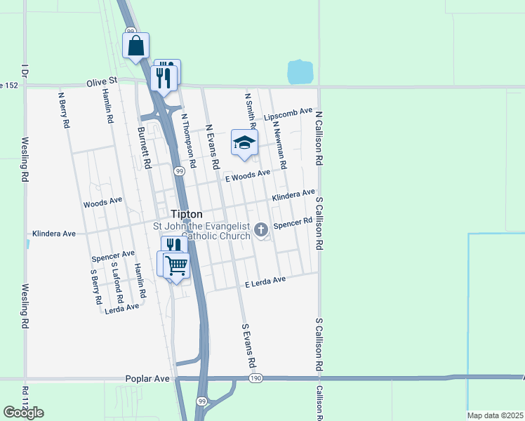 map of restaurants, bars, coffee shops, grocery stores, and more near 115 Smith Road in Tipton
