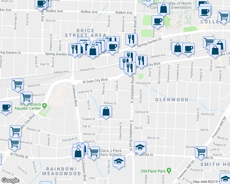 map of restaurants, bars, coffee shops, grocery stores, and more near 1102 Fuller Street in Greensboro