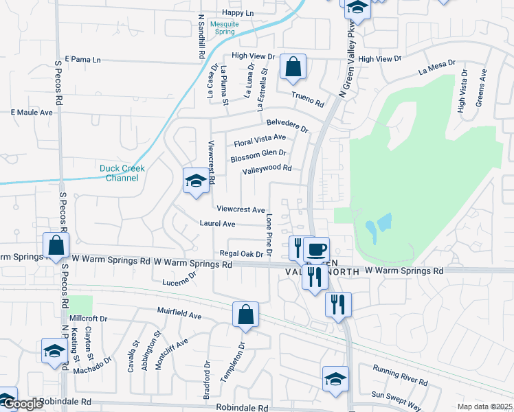map of restaurants, bars, coffee shops, grocery stores, and more near 2336 Valleywood Road in Henderson