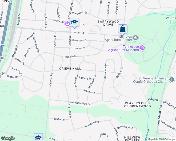 map of restaurants, bars, coffee shops, grocery stores, and more near Oakley Drive in Nashville