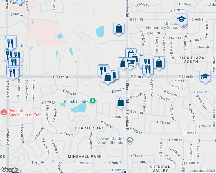 map of restaurants, bars, coffee shops, grocery stores, and more near 6120 East 71st Street in Tulsa
