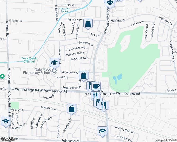 map of restaurants, bars, coffee shops, grocery stores, and more near 3131 La Mancha Way in Henderson