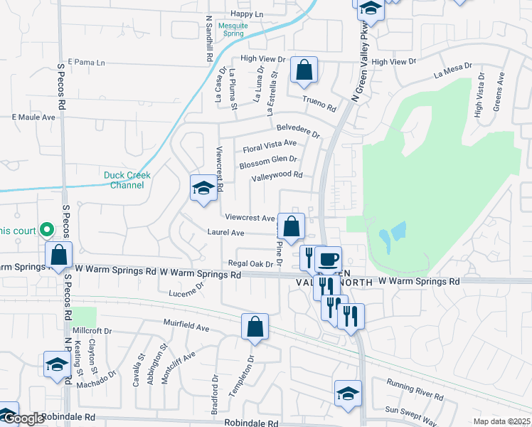 map of restaurants, bars, coffee shops, grocery stores, and more near 2336 Valleywood Road in Henderson