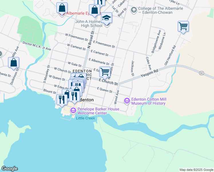 map of restaurants, bars, coffee shops, grocery stores, and more near 220 North Carolina 32 in Edenton
