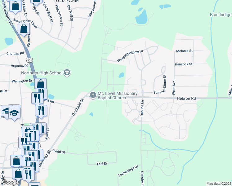 map of restaurants, bars, coffee shops, grocery stores, and more near 401-427 Hebron Road in Durham