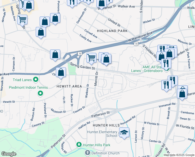 map of restaurants, bars, coffee shops, grocery stores, and more near in Greensboro