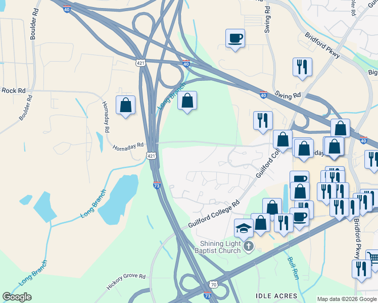 map of restaurants, bars, coffee shops, grocery stores, and more near 5619 Hornaday Road in Greensboro