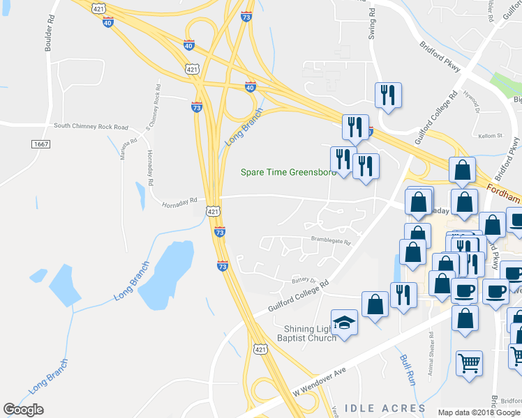 map of restaurants, bars, coffee shops, grocery stores, and more near 5619 Hornaday Road in Greensboro
