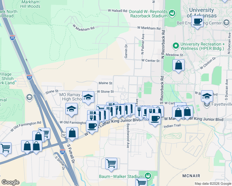 map of restaurants, bars, coffee shops, grocery stores, and more near 1853 Bedford Loop in Fayetteville