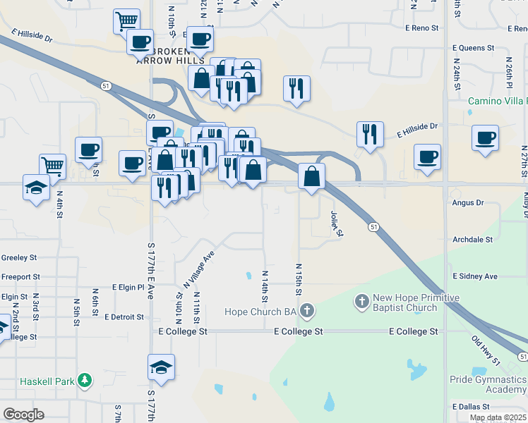 map of restaurants, bars, coffee shops, grocery stores, and more near 711 North 14th Street in Broken Arrow
