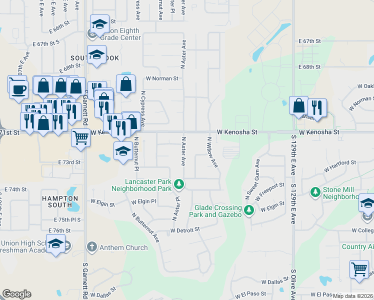 map of restaurants, bars, coffee shops, grocery stores, and more near 817 North Aster Avenue in Broken Arrow